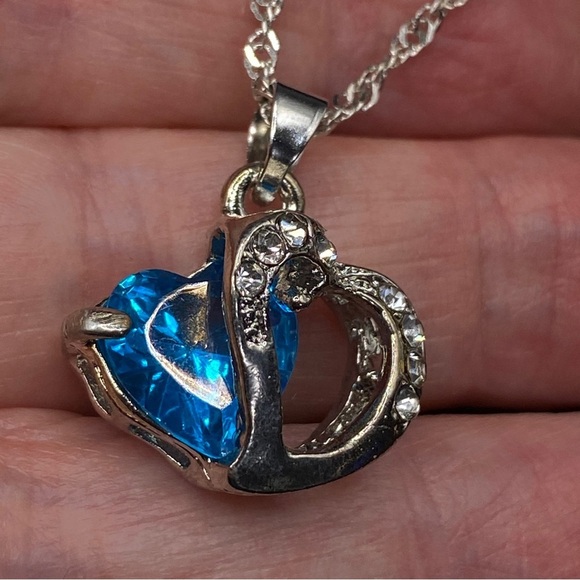Blue & CZ Double Hearts Necklace on Chain - Picture 7 of 7